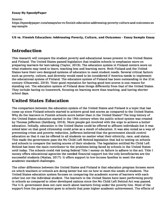 US vs. Finnish Education: Addressing Poverty, Culture, and Outcomes - Essay Sample