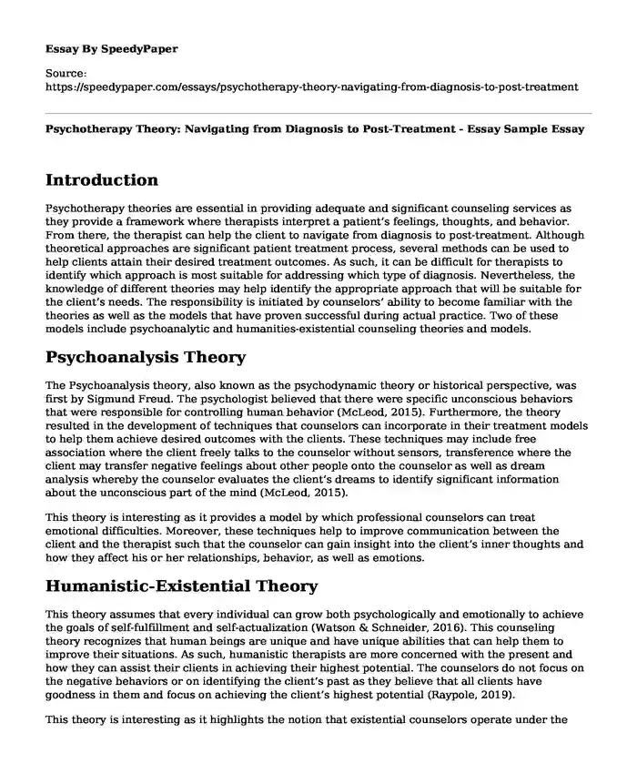 Psychotherapy Theory: Navigating from Diagnosis to Post-Treatment - Essay Sample
