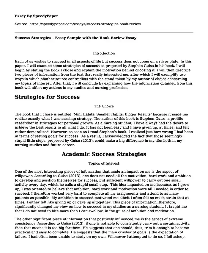 Success Strategies - Essay Sample with the Book Review