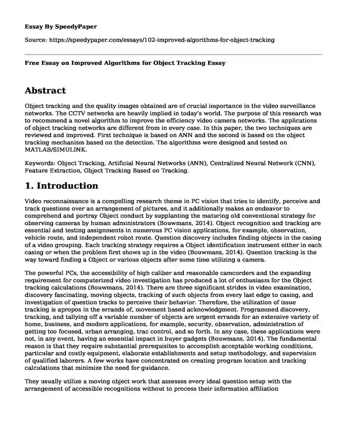 Free Essay on Improved Algorithms for Object Tracking