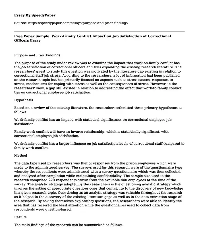 Free Paper Sample: Work-Family Conflict Impact on Job Satisfaction of Correctional Officers