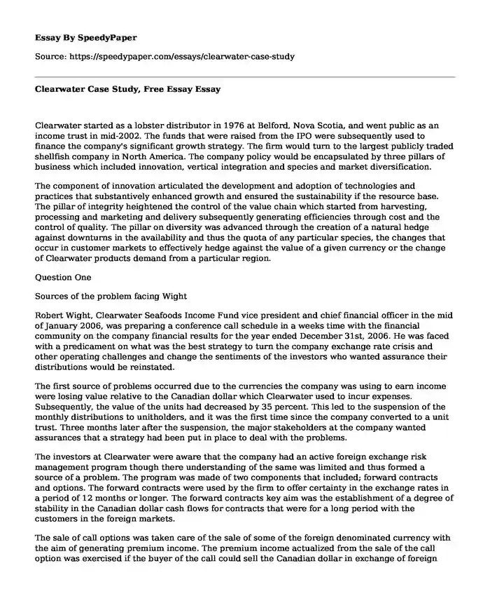 Clearwater Case Study, Free Essay