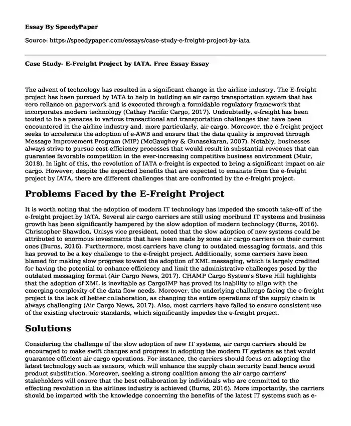 Case Study- E-Freight Project by IATA. Free Essay