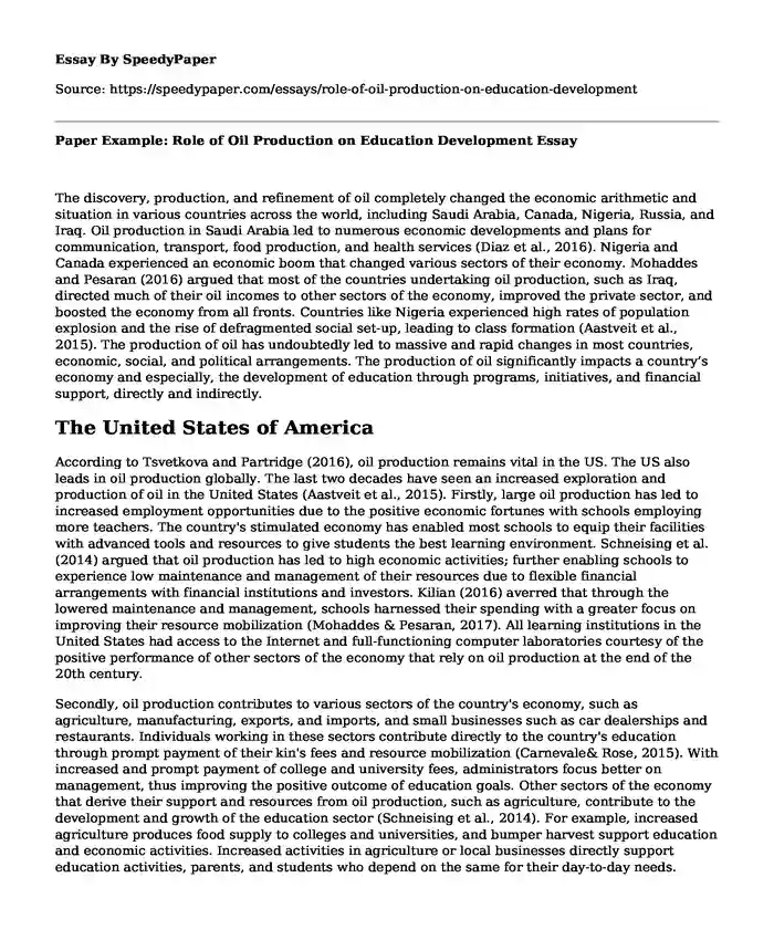 Paper Example: Role of Oil Production on Education Development