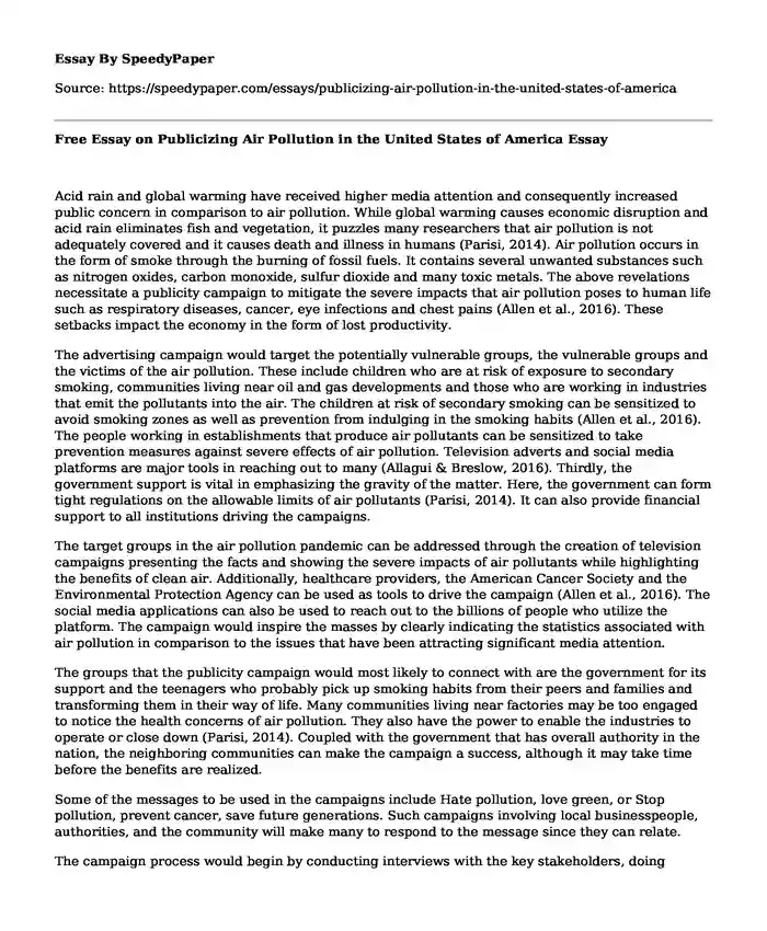 Free Essay on Publicizing Air Pollution in the United States of America