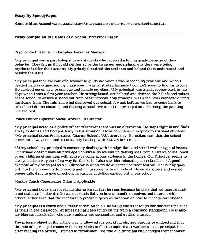 Essay Sample on the Roles of a School Principal