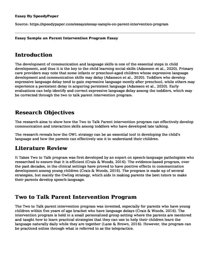 Essay Sample on Parent Intervention Program