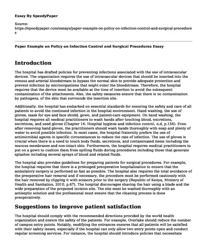 Paper Example on Policy on Infection Control and Surgical Procedures