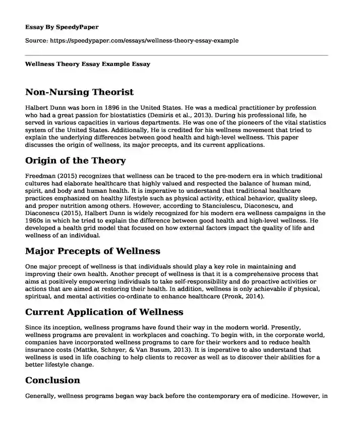 Wellness Theory Essay Example