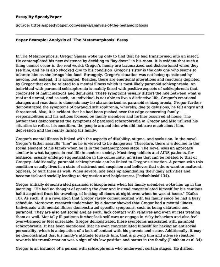 Paper Example: Analysis of 'The Metamorphosis'