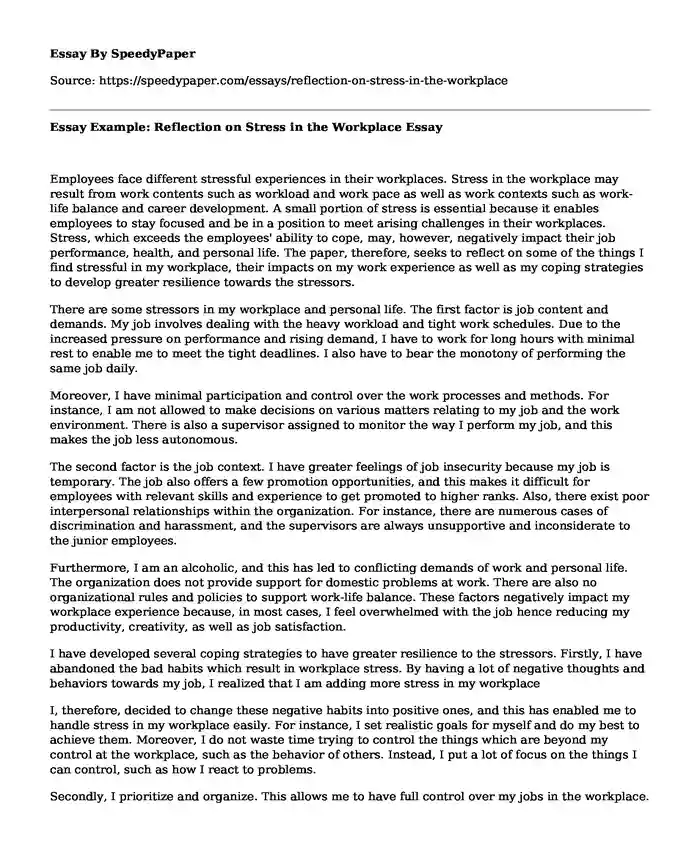 Essay Example: Reflection on Stress in the Workplace