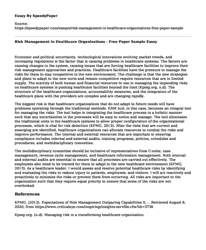 Risk Management in Healthcare Organizations - Free Paper Sample