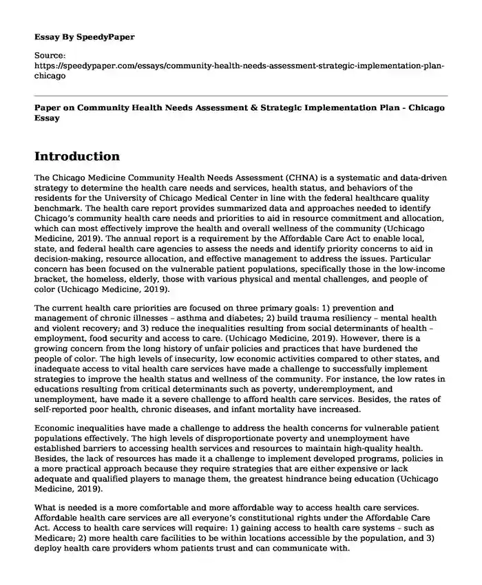 Paper on Community Health Needs Assessment & Strategic Implementation Plan - Chicago