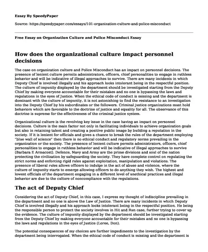 Free Essay on Organization Culture and Police Misconduct