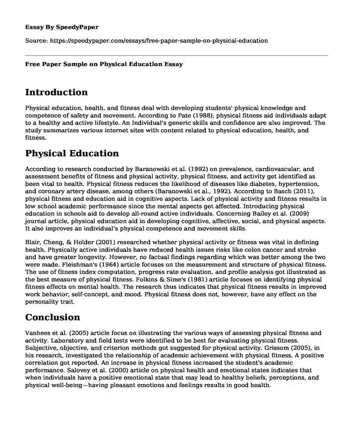 Free Paper Sample on Physical Education