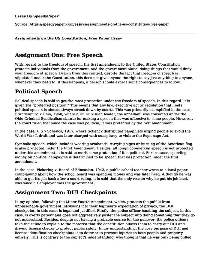Assignments on the US Constitution, Free Paper