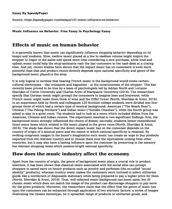 Music Influence on Behavior. Free Essay in Psychology
