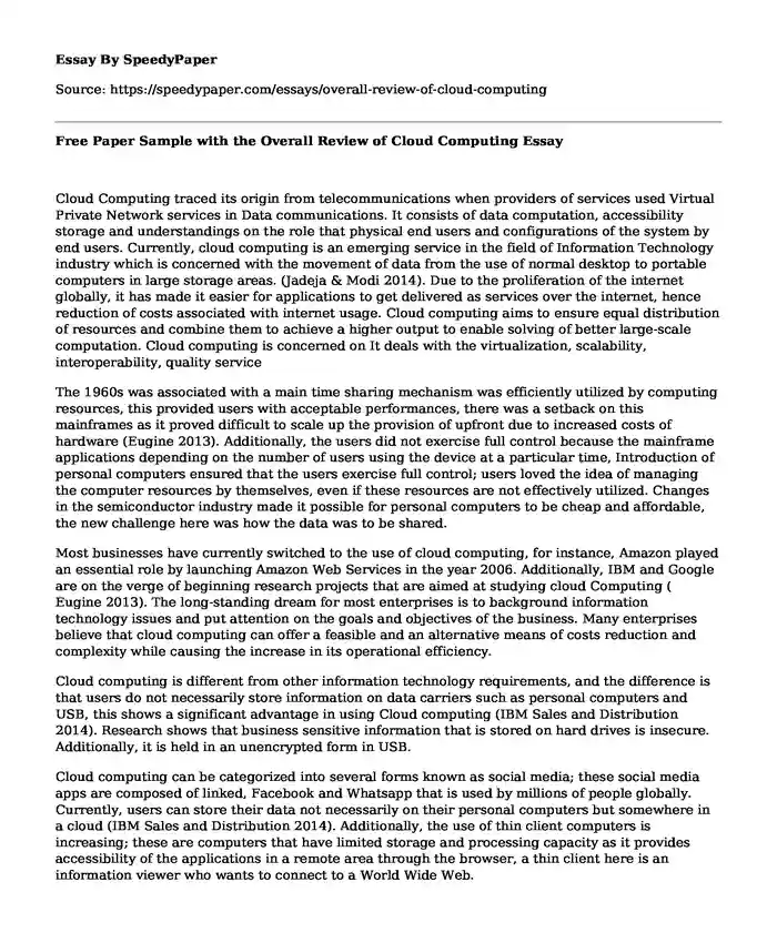 Free Paper Sample with the Overall Review of Cloud Computing