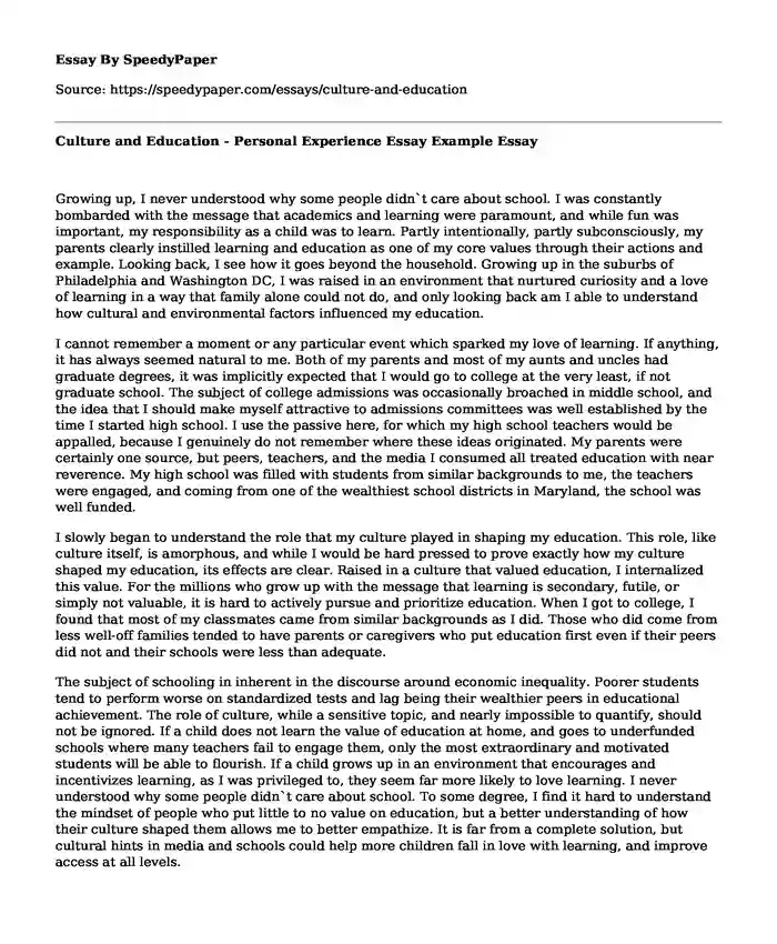 Culture and Education - Personal Experience Essay Example