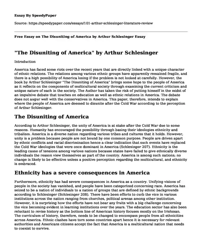 Free Essay on The Disuniting of America by Arthur Schlesinger