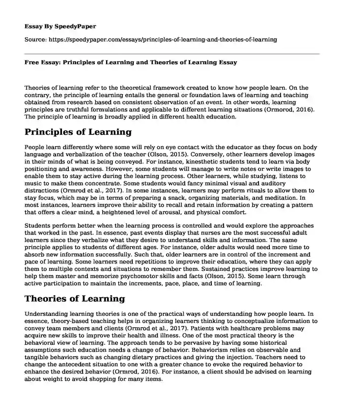 Free Essay: Principles of Learning and Theories of Learning