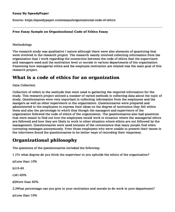 Free Essay Sample on Organizational Code of Ethics