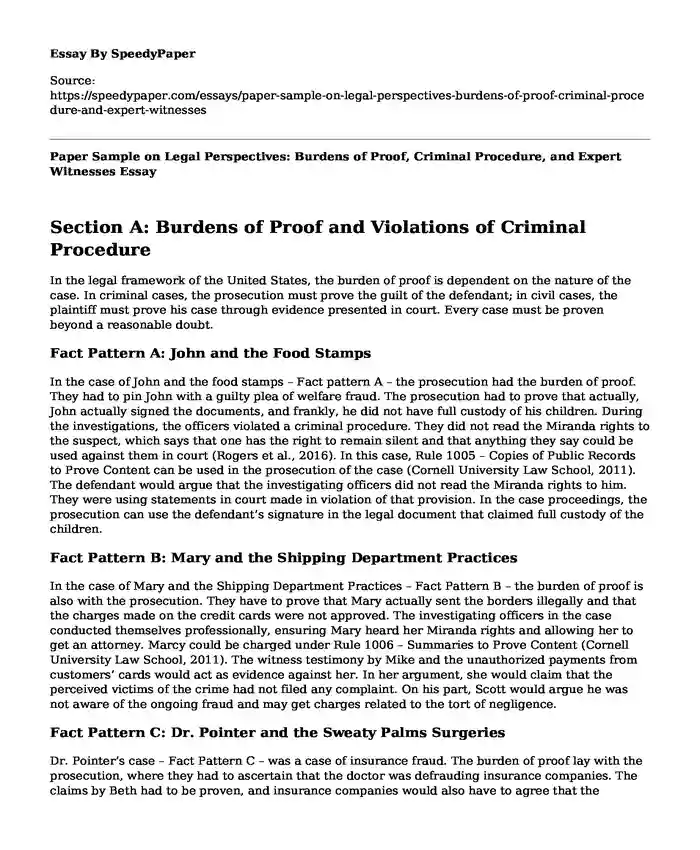 Paper Sample on Legal Perspectives: Burdens of Proof, Criminal Procedure, and Expert Witnesses
