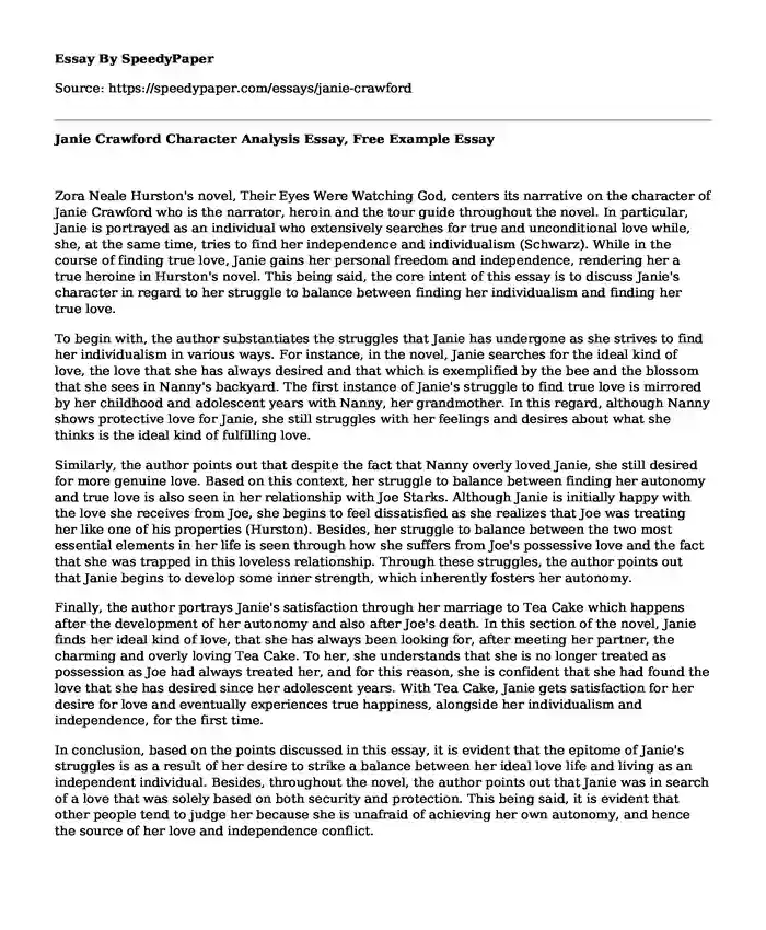 Janie Crawford Character Analysis Essay, Free Example