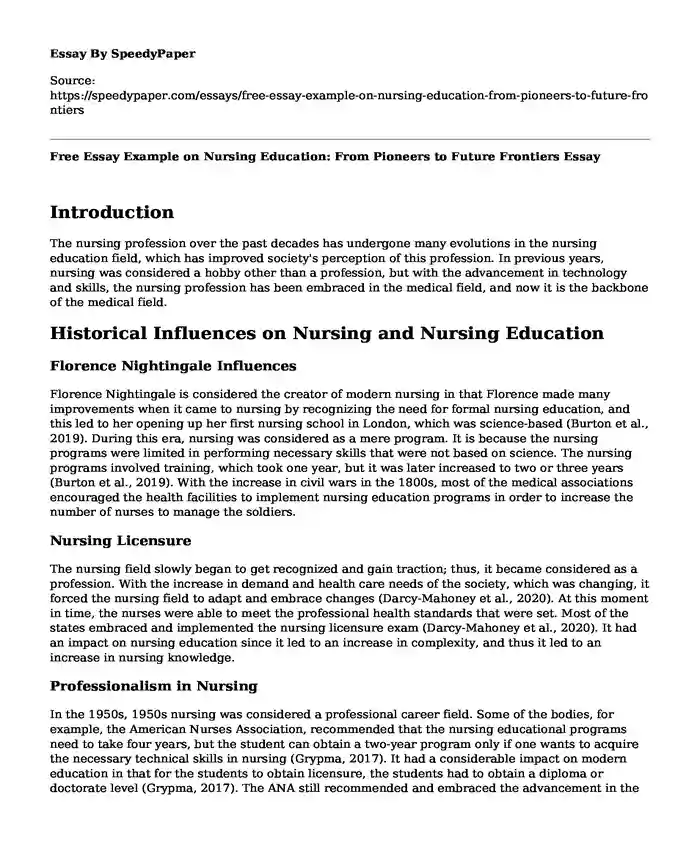 Free Essay Example on Nursing Education: From Pioneers to Future Frontiers