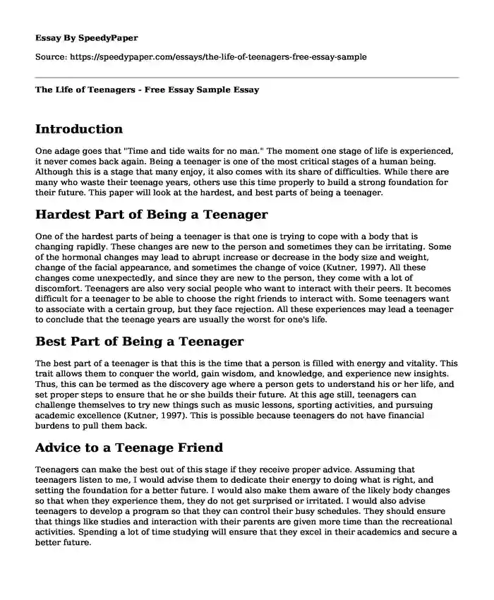 The Life of Teenagers - Free Essay Sample