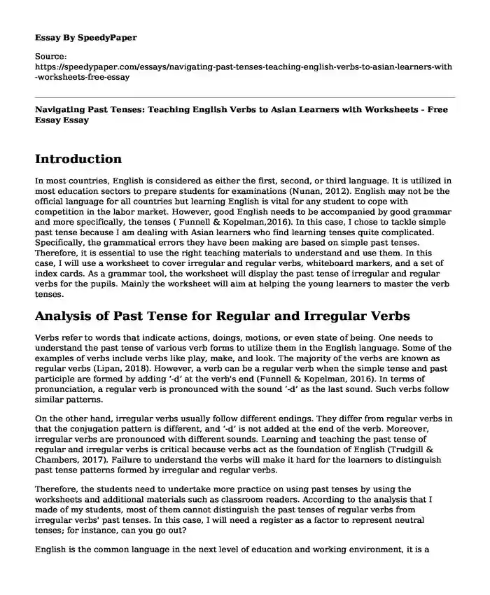 Navigating Past Tenses: Teaching English Verbs to Asian Learners with Worksheets - Free Essay