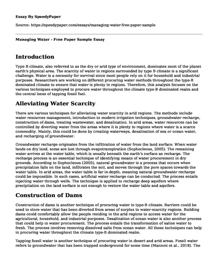 Managing Water - Free Paper Sample