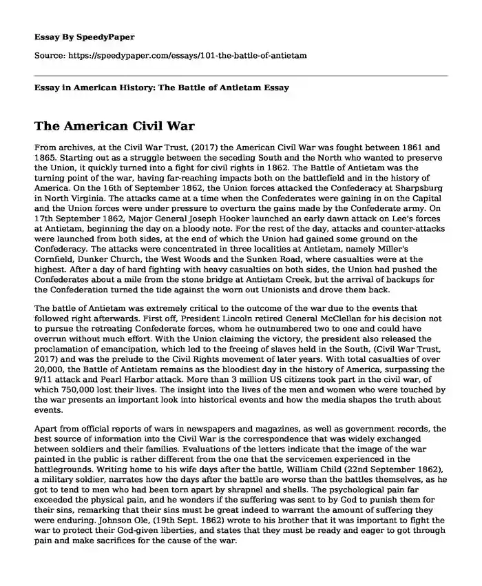 Essay in American History: The Battle of Antietam