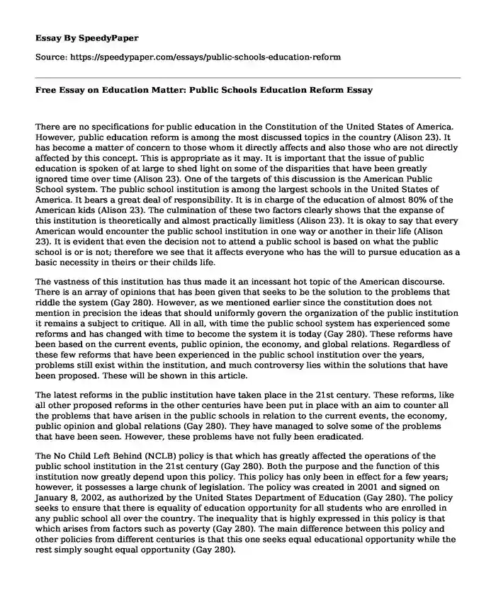 Free Essay on Education Matter: Public Schools Education Reform