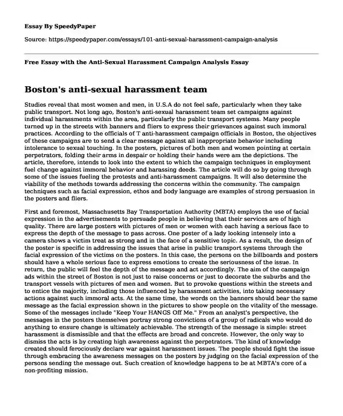Free Essay with the Anti-Sexual Harassment Campaign Analysis