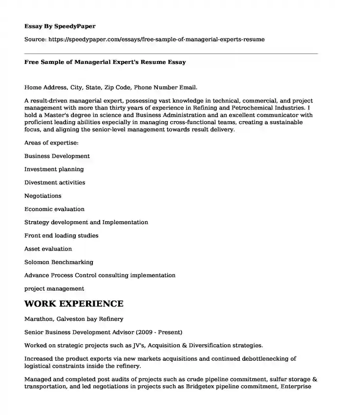Free Sample of Managerial Expert's Resume
