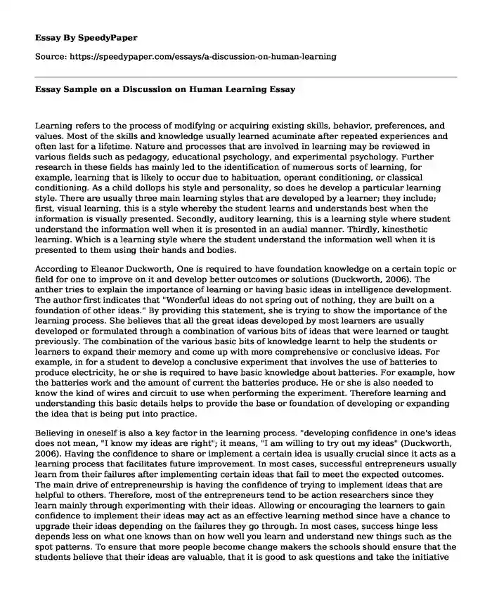 Essay Sample on a Discussion on Human Learning