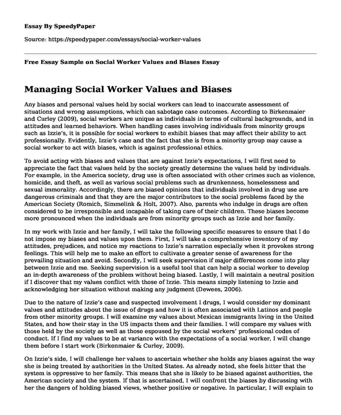 Free Essay Sample on Social Worker Values and Biases