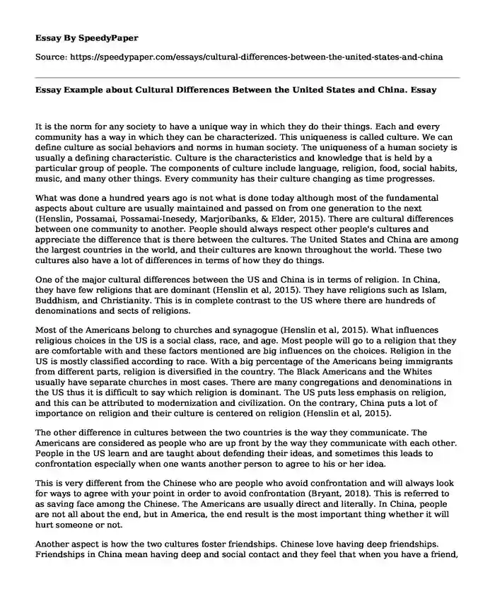 Essay Example about Cultural Differences Between the United States and China.