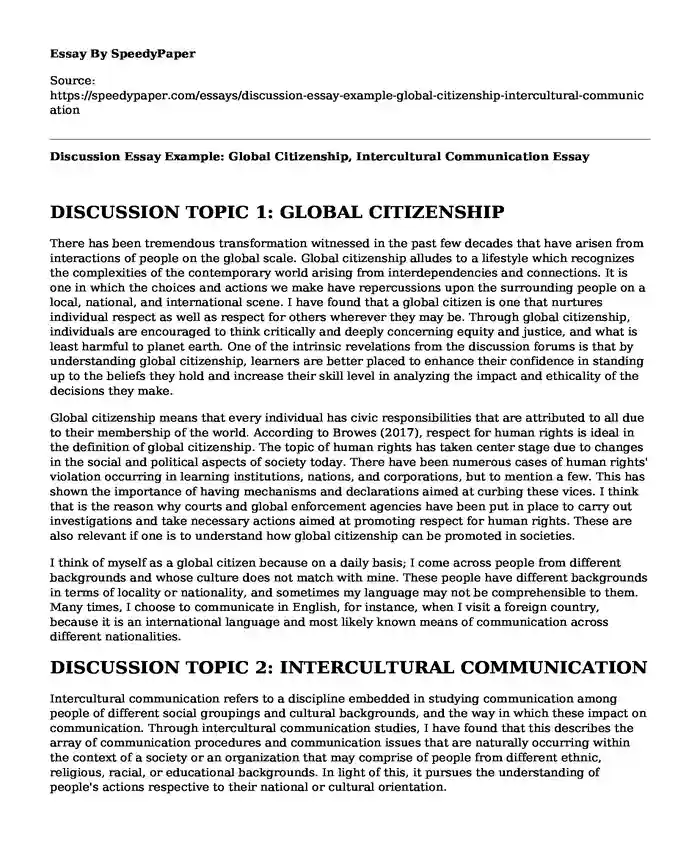 Discussion Essay Example: Global Citizenship, Intercultural Communication