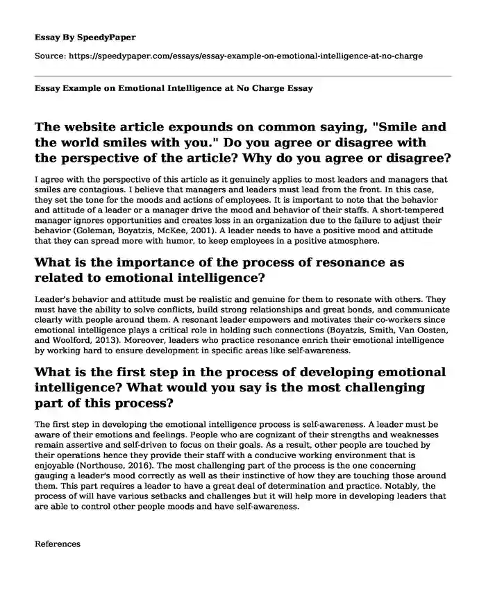 Essay Example on Emotional Intelligence at No Charge
