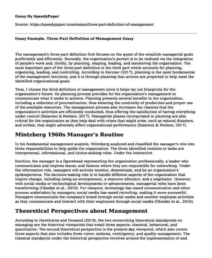 Essay Example. Three-Part Definition of Management