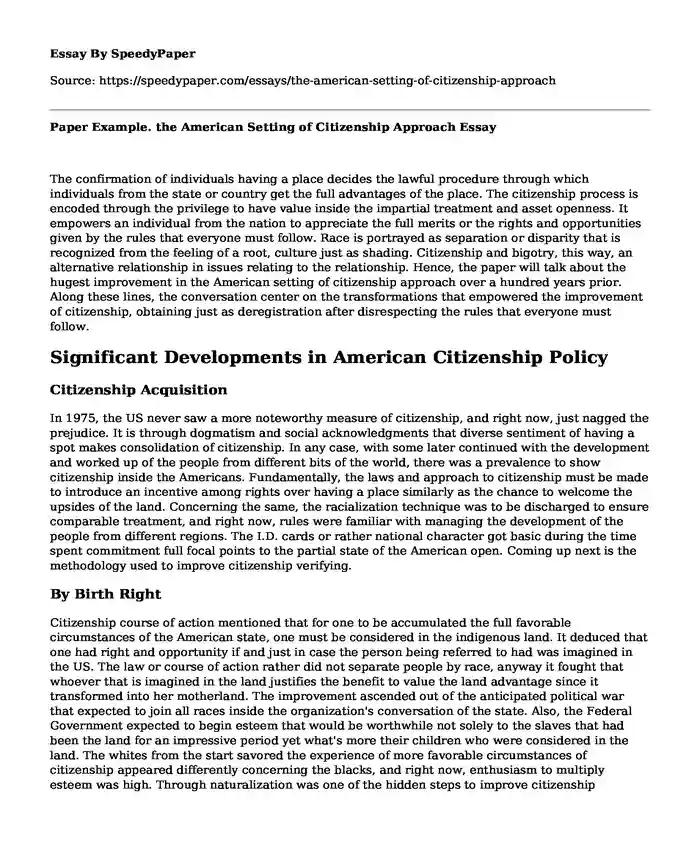 Paper Example. the American Setting of Citizenship Approach