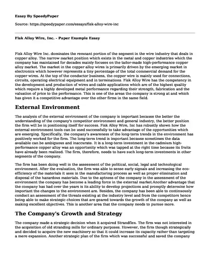 Fisk Alloy Wire, Inc. - Paper Example