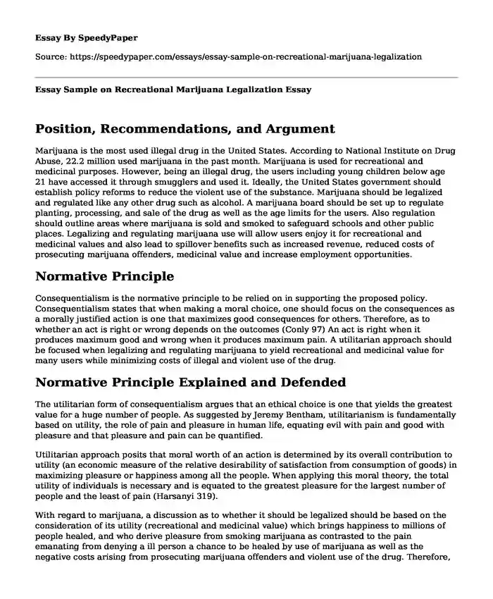 Essay Sample on Recreational Marijuana Legalization