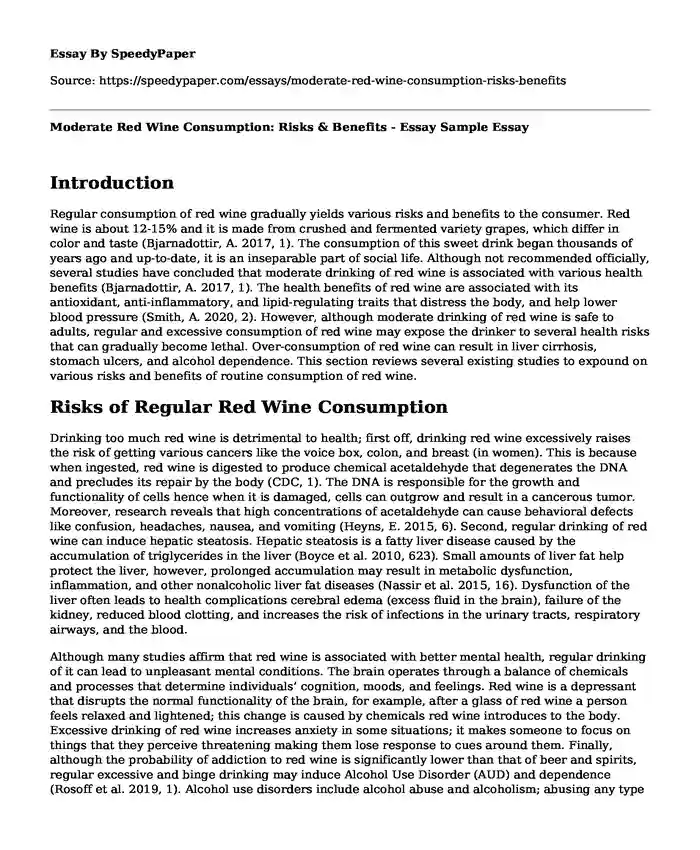 Moderate Red Wine Consumption: Risks & Benefits - Essay Sample