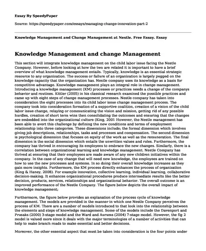 Knowledge Management and Change Management at Nestle. Free Essay.