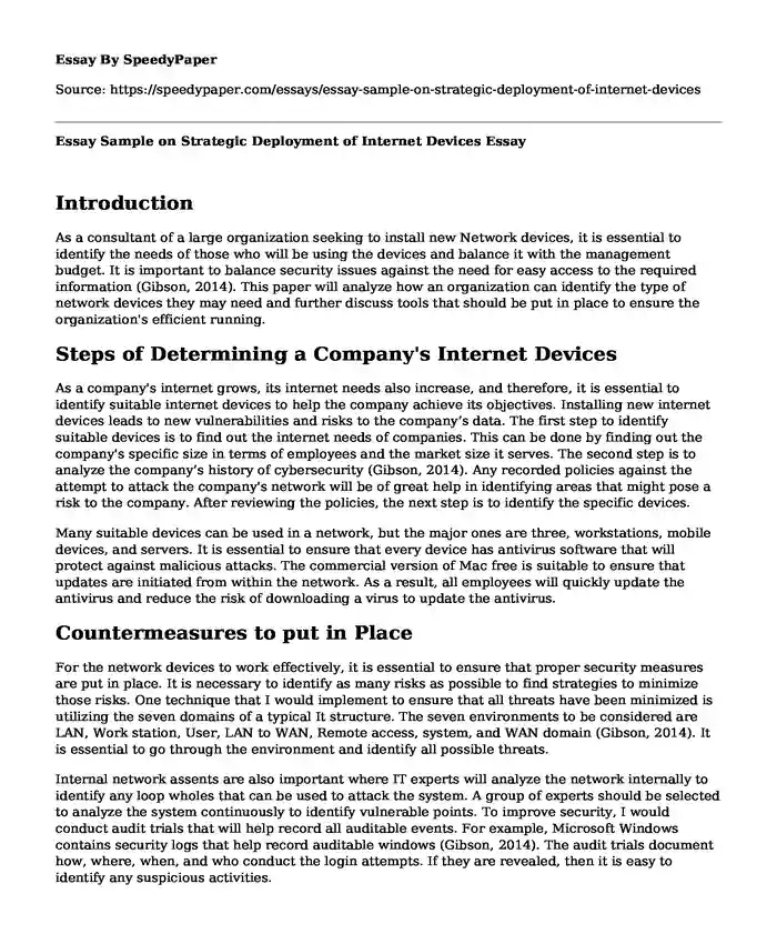 Essay Sample on Strategic Deployment of Internet Devices