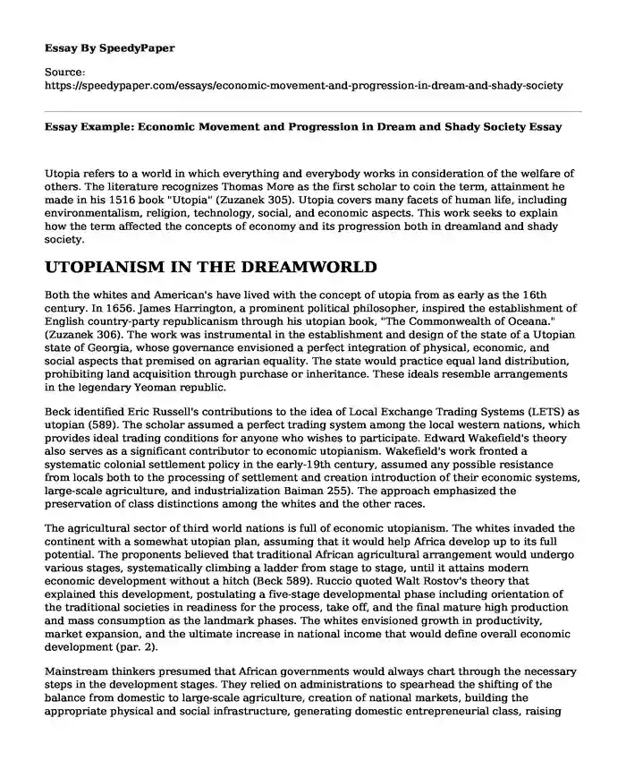 Essay Example: Economic Movement and Progression in Dream and Shady Society