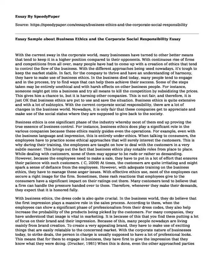 Essay Sample about Business Ethics and the Corporate Social Responsibility